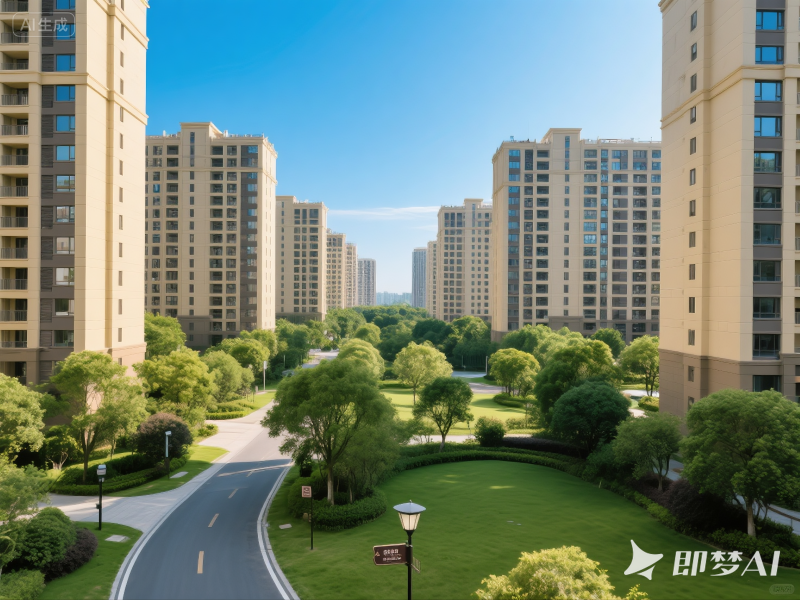 jimeng-2025-08-22-6699-一座大型成熟住宅小區(qū)的全景視角，小區(qū)內有多棟高層住宅樓，樓高約20至25層。建筑...