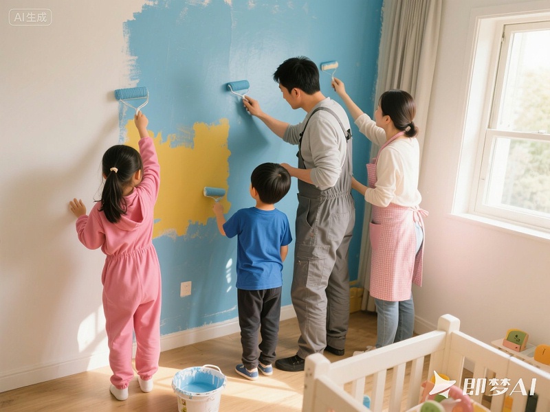 jimeng-2025-07-26-9286-一個5歲女孩，一個8歲男孩，跟爸爸媽媽在家的兒童房，一起在涂墻面的涂料